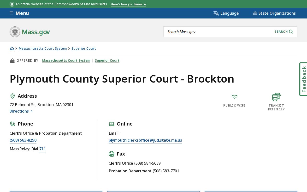Plymouth County arrest warrant lookup context showing the countywide Superior Court building and contact panel