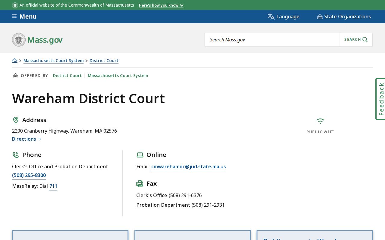 Plymouth County traffic warrant lookup context showing the Wareham District Court contact and southern county routing panel