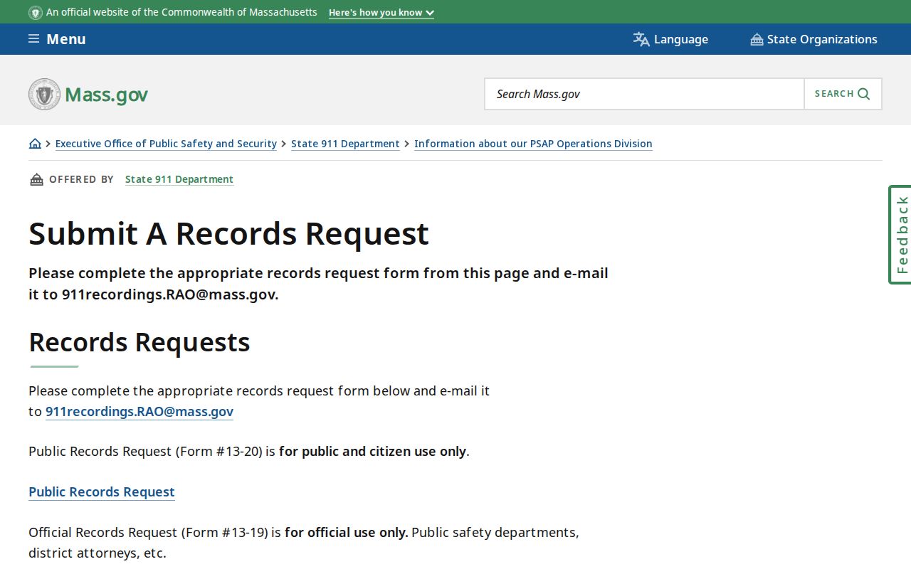 Plymouth County warrant records request instructions showing Massachusetts public records submission options