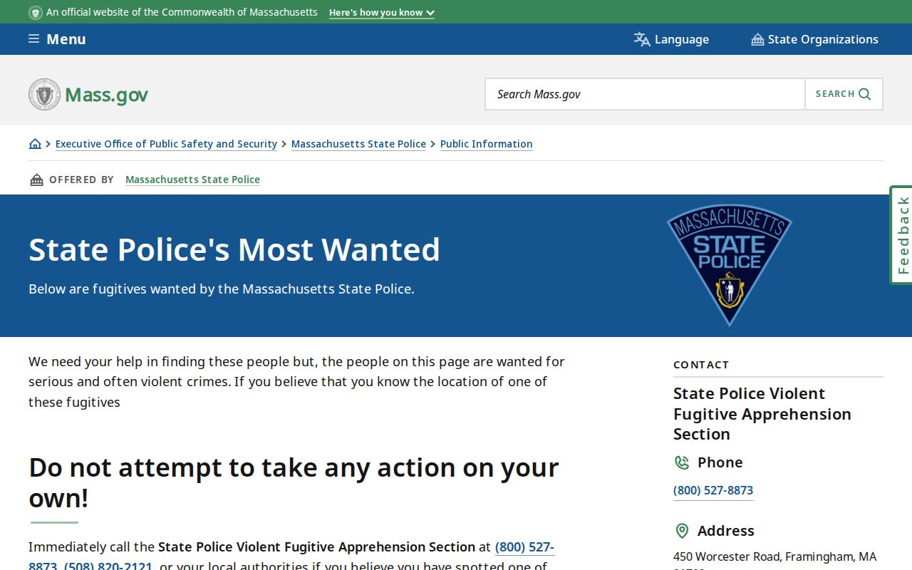 Plymouth County most wanted page context showing the official State Police program warning and tip banner