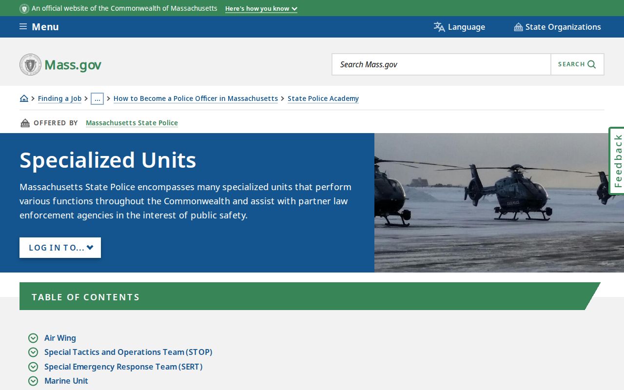 Plymouth County active warrant search context showing the Massachusetts State Police specialized units program page