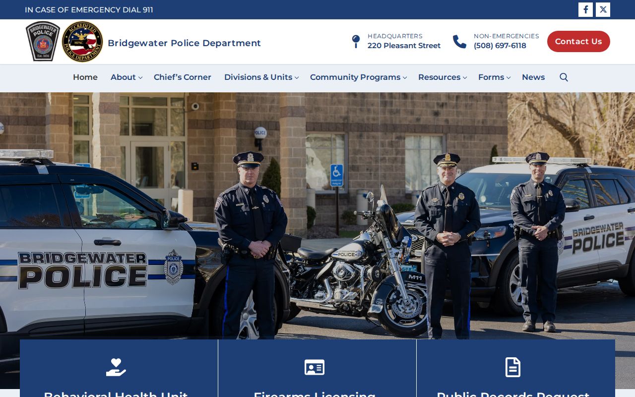 Bridgewater warrant records page context showing the Bridgewater Police homepage contact and public records links