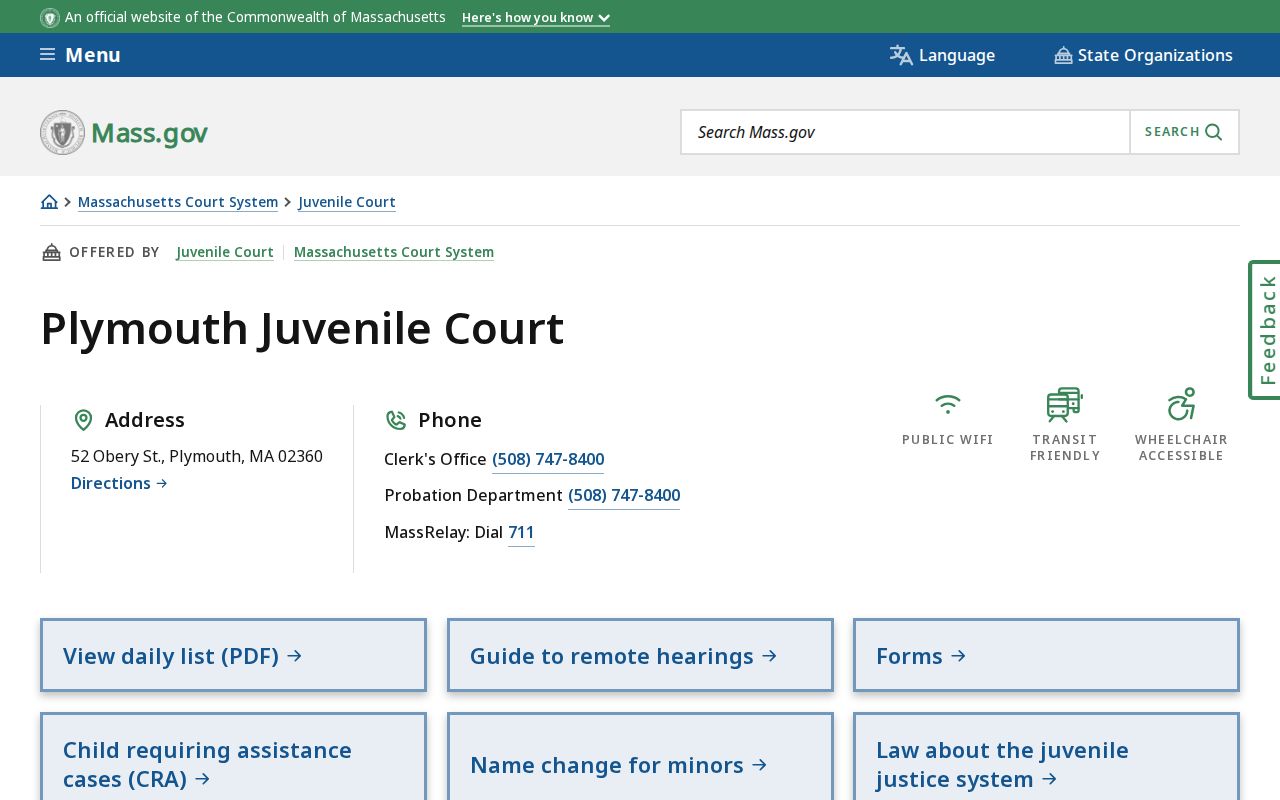 Plymouth County warrant records access panel showing the Plymouth Juvenile Court building and contact information