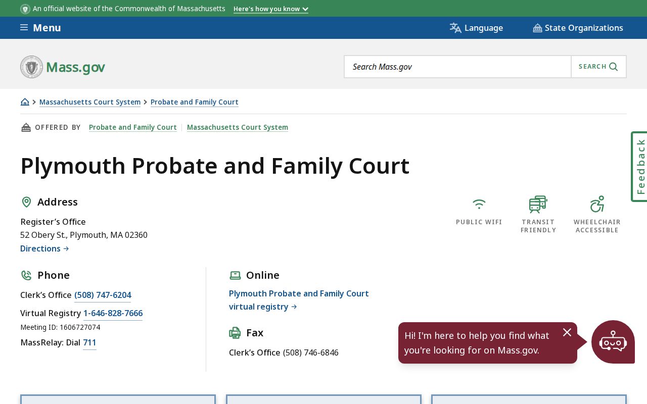 Plymouth County bench warrant lookup context showing the Plymouth Probate and Family Court contact panel