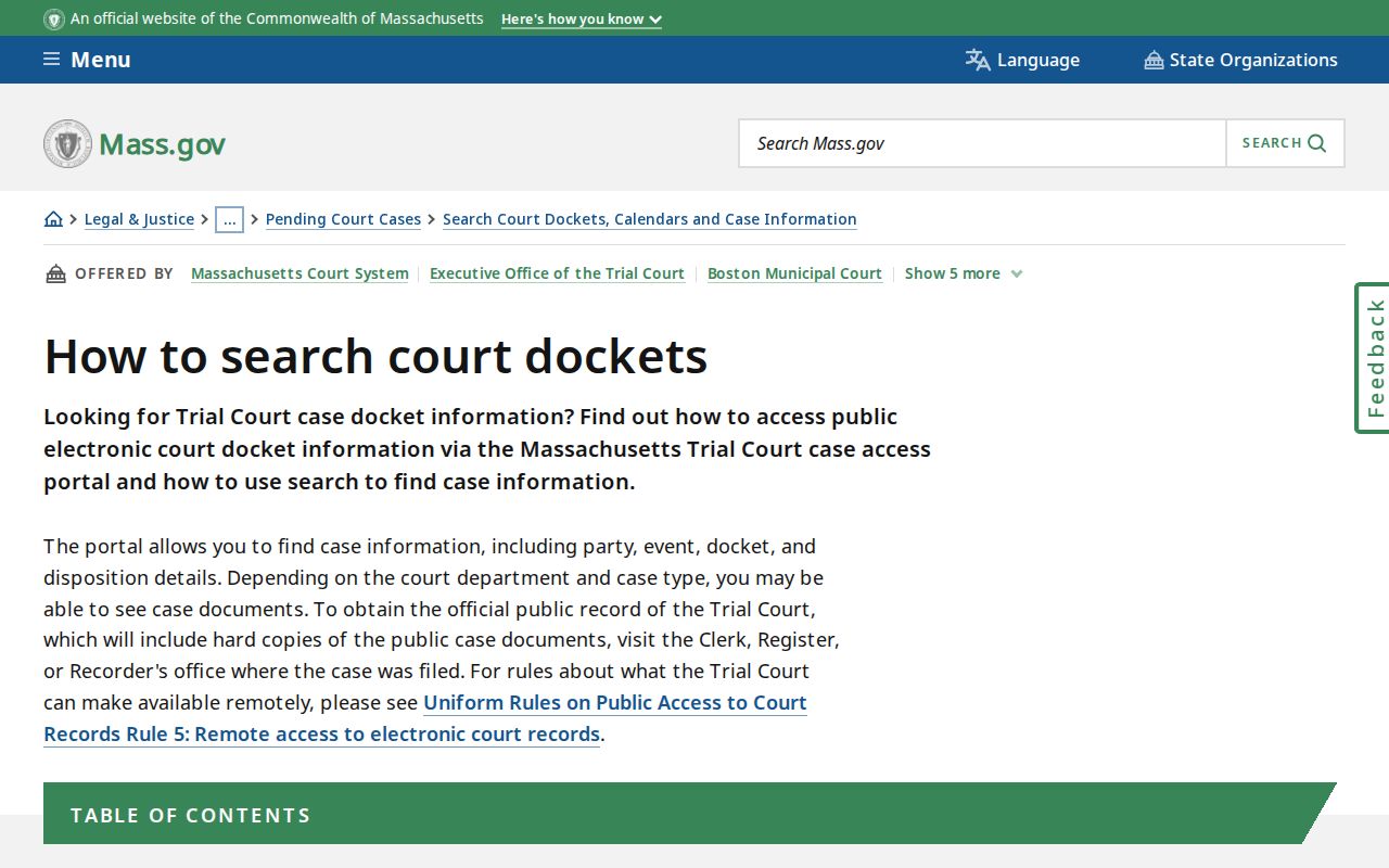 Plymouth County warrant records search instructions showing Massachusetts Trial Court docket search fields