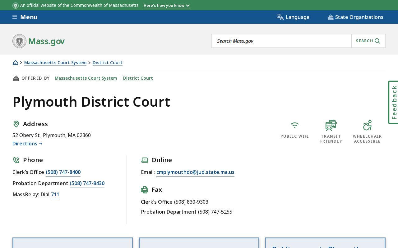 Plymouth warrant records page context showing the Plymouth District Court contact and location panel